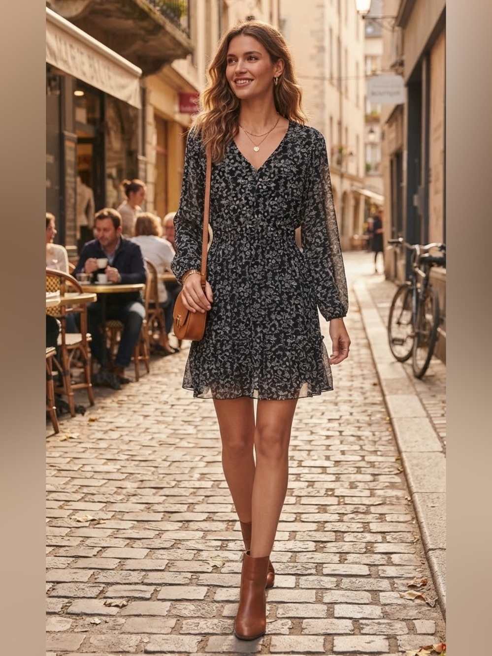 Kathy Ireland Black Ditsy Floral Smocked Long Sleeve Mini Dress